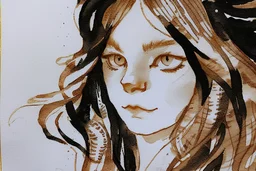 long haired woman with cat, white watercolor and black ink, golden glitters