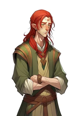 d&d high elf male fourteen years old with red hair wearing medieval clothes with hands behind his back