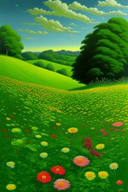 A green meadow with giant beautiful flowers painted by Frank Wilson