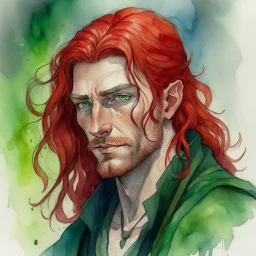 dnd, fantasy, watercolour, large strokes, stylistic, portrait, illustration, dull colours, male, face, narrow long face, weathered face, green eyes, determined, smiling, red hair, very long hair streaming down the shoulders, radiating light, five o'clock shadow