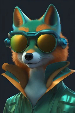 3D cartoon Fox Head with Human Body, Wearing Iridescent Holographic Liquid Texture & Translucent Material Sun Protective Shirt, Boss Feel, Nike or Addidas Sun Protective Shirt, WitchPunk, Y2K Style, Green and blue, Blue, Metallic Feel, Strong Reflection, plain background, no background, pure single color background, Digital Fashion, Surreal Futurism, Supreme Kong NFT Artwork Style, disney style, headshot photography for portrait studio shoot, fashion editorial aesthetic