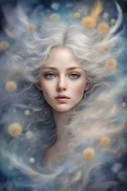 Beautiful girl, bottomless big eyes close-up, fluffy super-long eyelashes, misty fairy in a whirlwind of feathers and dandelion, white hair fluttering and turning into smoke, large snowflakes, impressionism, blurred watercolor, fluff, snowflakes, transparent, smoke, fog. Queen Anna. Josephine Wall