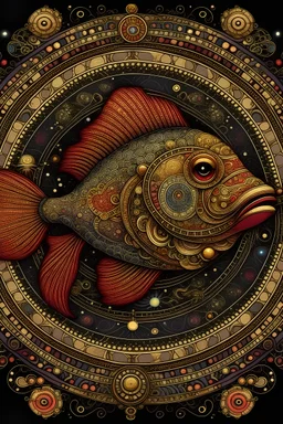 Create an image of two ornate, mechanical fish with intricate patterns on their scales, forming a perfect circle by aligning head to tail. They are surrounded by a decorative border featuring astrological symbols and filigree, with a rich background of a cosmic sky filled with stars, nebulae, and distant galaxies. The color palette should be warm with deep reds, golds, and touches of celestial blue. Each fish should possess a whimsical yet elegant look, with flowing fins and tails that blend sea