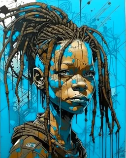 arafed minimal crude sketchy, abstract acrylic and ink painting: gritty post-apocalyptic portrait of a Black woman with dreadlocks and a mechanical headpiece. Her face features dirt and bright blue paint. She wears distressed brown clothing against an abstract background of vertical cyan and brown paint streaks