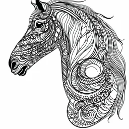 Horse, cartoon, mandala, white back ground color, real style, realistic, minimalistic, minimal black line art, line art, crisp line art, unique coloring sheet, outlined, outline, crisp, crisp line edges, illustration, thin lines, crisp clear lines, line art, clean line art, unique, 8k, amazing, masterpiece, no colors, no dark color, no black color, avoid thick black, minimalistic line edges, pure white back ground, image character full fit to page,