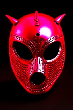 Create a metal mask that covers the bottom half of the face. The eye openings should be recessed and obscure the wearer’s eyes, showing them as glowing red. It should be gunmetal gray color and have symmetrical holes over the mouth area that glow slightly red. It should be worn by a rabbit and have a black hood