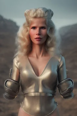 Ultra Realistic retro sci-fi movie scene, waist up view portrait, blonde woman, sweet young Claudia Schiffer face, perfect iris, glow eyes, makeup, weapon. Soldiers next to background, Retro sci-fi style, helmet, tight latex coat, fog, rain, soft color, highly detailed, unreal engine 5, ray tracing, RTX, lumen lighting, ultra detail, volumetric lighting, 3d, finely drawn, high definition, high resolution.