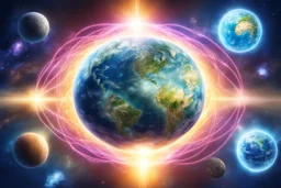The Planet Earth with a bright network of luminous Energy that connecting all things. The Planet has a magic luminous aura and It Is suspense in a bright cosmo