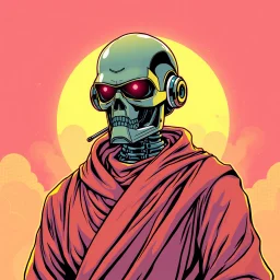 comic style terminator like robot, synthwave colored, vaporware, budist monk robe