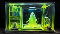 acrylic illustration, acrylic paint, oily sketch, a display case for a glowing ectoplasmic ghost in a laboratory environment