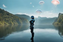 A young woman in an android suit, standing next to a lake, with jellyfish floating through the air.