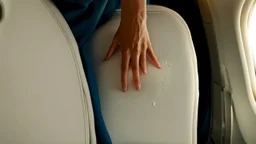 she stands next to close up of wet sweat spot on airplane seat