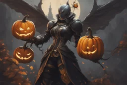 Monarch venom with pumpkin head in nier automata artstyle, halloween them, close picture, fantasy world, intricate details, highly detailed, high details, detailed portrait, masterpiece,ultra detailed, ultra quality