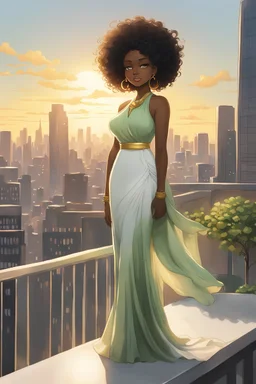 The scene opens onto a serene balcony overlooking a bustling city skyline. The sky above is painted in soft hues of green and yellow as the sun begins its descent, casting a warm glow over everything it touches. In the foreground stands a captivating figure, airbrush chibi cartoon curvy black woman exuding confidence and elegance. She is adorned in a flowing white knit maxi dress that hugs her curves in all the right places, accentuating her silhouette. Her choice of footwear is equally stunning