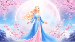 Create an image of a full body cosmic goddess. the goddess should be depicted as a beautiful and powerful figure, surrounded by cosmic stars. her hair should be long, blond and flowing, and she should be dressed in a flowing gown blue celestial robe. in the background, include imagery of pink flowers, blue sky, trees. the image should evoke a sense of joy, celebration, and spiritual connection to nature.