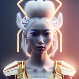 Cyber teenager, blonde, geisha style bhair, white skin, Japanese pattern dress, velvet, gold, cyberpunk style, purpurin, highly detailed, art stations, concept art, smooth, unreal engine 5, god rays, ray tracing, RTX, lumen lighting, ultra detail, volumetric lighting, 3d, finely drawn, high definition, high resolution, gradient background