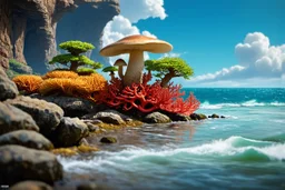 photorealistic exotic giant mushrooms and coral with tentacles on a rocky shoreline, cliffs, and cloud trees