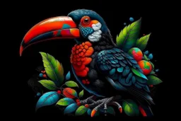 Lively 4D HDR Visualize an (((ultra detailed toucan))), its hyperdetailed beak, eyes and intricate feathers, plucking a red coffee bean from an arabica coffee plant, stylized tropical rainforest foliage, featuring line art and color splashes, set against a (matte black background) with a (developed artist's attention to detail), gorgeously contrasted by a (water splash) and a (color splash art) that mimics fire and water, all rendered in ultra-detailed artistry"; lush jungle environment 《Inspire