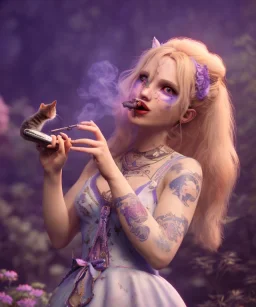 Ultra realistic wonderland photo, happy blonde woman smoking a shisha, blue dress, purple-cat friend, circus dress style, old school tattoo, smoke, marijuana garden, glow eyes, perfect iris, soft color, highly detailed, unreal engine 5, cinematic, ultra detail, volumetric lighting, high definition.