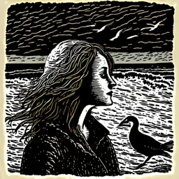 Linocut of a young woman on the beach in dark sea weather and a seagull over it