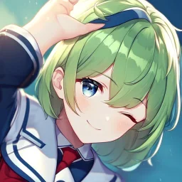 Clear focus, High resolution, short light green hair, blue eyes, wearing a sailor uniform, red tie, wearing a sailor skirt, eyes closed, smiling, 1girl, spiky hair, not alot of hair on the side of her head