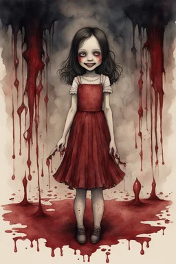 body anormal, smile blood, girl cute, watercolor illustration by <John Kenn Mortensen>, darkred tones,