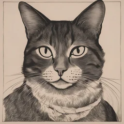 A woodblock portrait of a cat