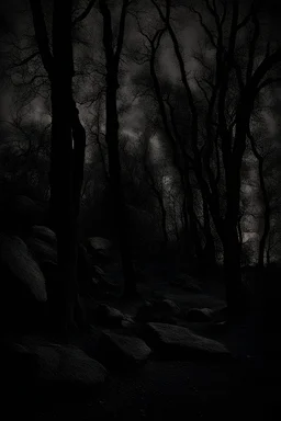 Night, trees, rocks, mountains, creepy, gothic horror films influence, photography