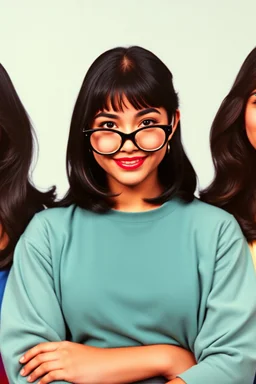 full color image, 1980's yearbook photo, girl, Selena Quintanilla, 24 years old, a sly, clever smile on her face, 1980's clothing and hair styles, 4k UHD, photorealistic, (big, full, plump, pouty lips:1.5) black hair, big cat-eye eyeglasses, full body, head to toe, full frontal