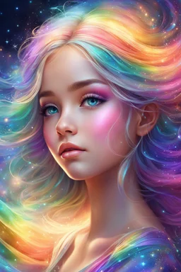 Adorable digital painting style. Pastel hues adorn her every trace, A rainbow girl with a shimmering embrace, Her eyes, glistening with dreams and grace, A vision of magic, lighting up any space. highly detailed, beautiful detailed digital art, beautiful artwork, very beautiful fantasy art, beautiful fantasy painting, digital art, dream, high quality, 4k