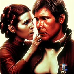 carrie fisher kissing harrison ford, waist up portrait, intricate, oil on canvas, masterpiece, expert, insanely detailed, 4k resolution, cinematic smooth, intricate detail , soft smooth lighting, soft pastel colors,