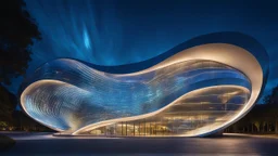 A futuristic building at night inspired by the fluidity of ocean waves, with undulating, curved walls made of shimmering, iridescent, semi-transparent materials. The structure has large, oval windows that reflect the moonlight and the night sky. Lights inside the building make it come alive. Fireflies in the surrounding space add excitement. Award-winning photograph, beautiful composition, joyful appearance, sensational design