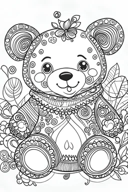 Outline art for coloring page, WHIMSICAL HAPPY TEDDY BEAR, coloring page, white background, Sketch style, only use outline, clean line art, white background, no shadows, no shading, no color, clear