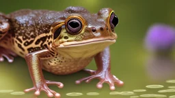 screenshot of a smartphone game, horizontal display, start screen, rear medium shot of a stylized and happy young brown frog with black stripes in its natural habitat at sunset, plain with wetlands, ravines, river with water hyacinth, ceibos and willows, dragonflies, beetles, dewdrops, melancholic and dreamy atmosphere, digital art