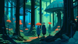 A digital painting by Kuniyoshi and Kandinsky of tech-people walking inside a futuristic forest.