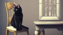 A black cat sitting on a chair in a room.