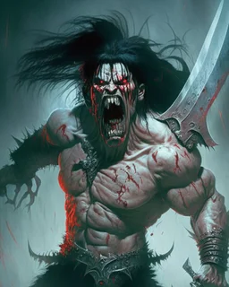 apocaliptic screaming scary zombie human berserker meaty black hair big greatsword