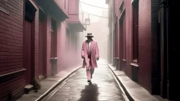 70s, A male phantom with a translucent form, moving through a fog-shrouded alleyway in a Victorian city, with gas lamps casting eerie shadows on the cobblestones., soft pink color scheme, style photography, analog style, vintage colors, xprocess