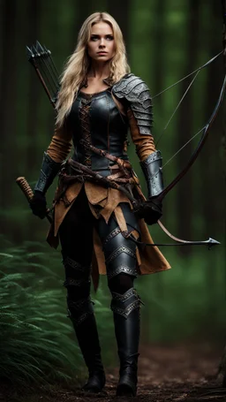 blonde female hunter with a bow wearing leather half armour dark fantasy Realistic 4k