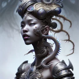 sango fantasy, fantasy magic, intricate, sharp focus, illustration, highly detailed, digital painting, concept art, matte, artgerm and paul lewin and kehinde wiley, masterpiece sexy lips Asian afro lips black African lady body Asian Dragon head silver bright rain lady outer space pretty skull head