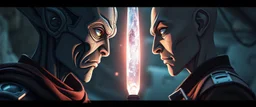 Close-up confrontation between an ancient alien outcast leader and a space broker, standing only a meter apart, intense eye contact, glowing crystalline rod between them, anger mixed with sadness, dramatic facial expressions, shallow depth of field, cinematic lighting, stylized 3D anime, airbrush painting, crisp outlines