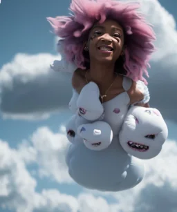 Ultra realistic speed clouds sky scene, wide angle view, sweet childs falling down, inflatable color clothing, free jumping flying, many trinkets, monster hair, hair monster, many jelly beans, balls, smile, happy, circus style, extreme, wind, clouds sea, 20,000 feet altitude, stratosphere, soft color, highly detailed, unreal engine 5, ray tracing, RTX, lumen lighting, ultra detail, volumetric lighting, 3d, finely drawn, high definition, high resolution.