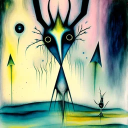 Surreal horror style by Bridget Bate Tichenor, surreal abstract art, paranoid deep-seeded fear of abandonment, weirdcore, unsettling, asymmetric diagonal composition, colorful, sinister abstractions, pastel inkwash effect, by Joan Miro