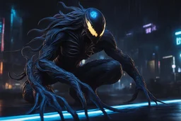 Huge symbiote in 8k solo leveling shadow drawing, Cthulhu model, neon blue lights, rain, intricate details, highly detailed, high details, detailed portrait, masterpiece,ultra detailed, ultra quality