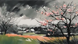 a Central European garden before imminent storm, strong wind, a peach tree blossom petals blown in the wind, minimal acrylic and ink, (tint leaks:1.6), dark grey and green and peach blossom colors, harsh contrasts, windy dynamics