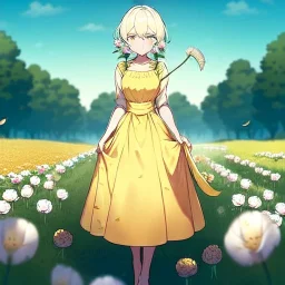 anime girl holding on to a dried dandelion flower and blowing the dried seeds into the air as the wind carries them away. outdoors scene.anime girl standing in a meadow of flowers. thw wind is blowing flower pedals into the wind. girl wearing yellow dress. more emphasis on seeds floating in the air