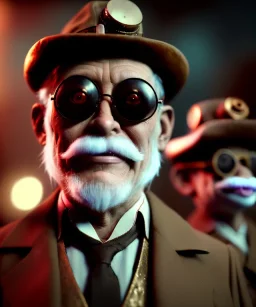 Portrait cabaret scene, steampunk. old man and little monkey, Sunglasses, rain, smoking, happy, hot. Many people background, highly detailed, concept art, unreal engine 5, god rays, ray tracing, RTX, lumen lighting, ultra detail, volumetric lighting, 3d, finely drawn, high definition, high resolution.