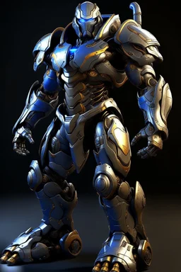 Ironclad stands at an imposing 8 feet tall and is heavily armored with a combination of sleek metallic plating and blue energy accents. Its body is adorned with a polished, reflective surface, giving it a distinct and imposing presence on the battlefield. His waist is snatched. His design is inspired by Nullsector from Overwatch