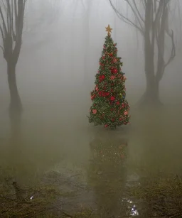 festive Christmas tree in a misty swamp