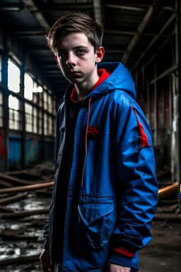 An 18-year-old boy with a completely dark black face, sharp red eyes like Spider-Man's, and wearing a blue WindowLine jacket, standing behind an abandoned factory.